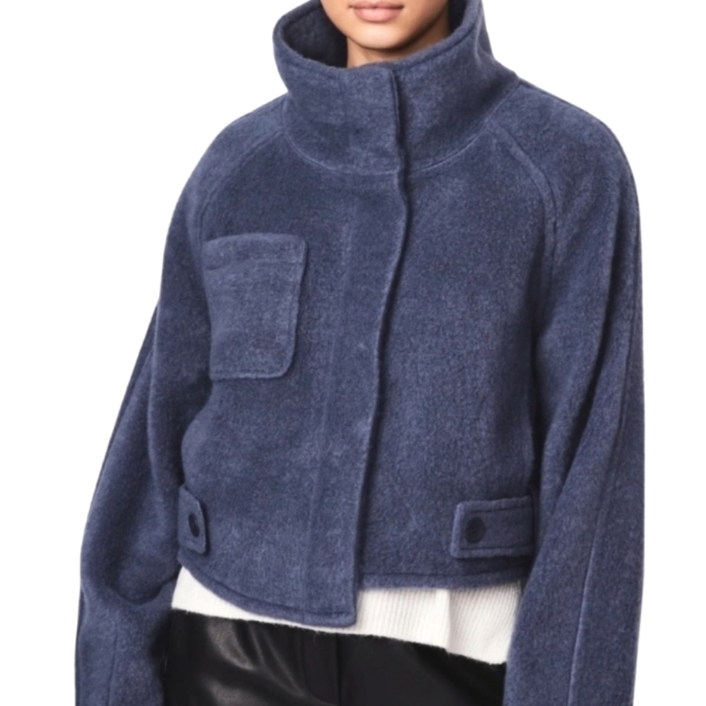 NEW! BERNIE Slate Blue Fuzzy Cropped Asymmetrical Jacket Coat XL.